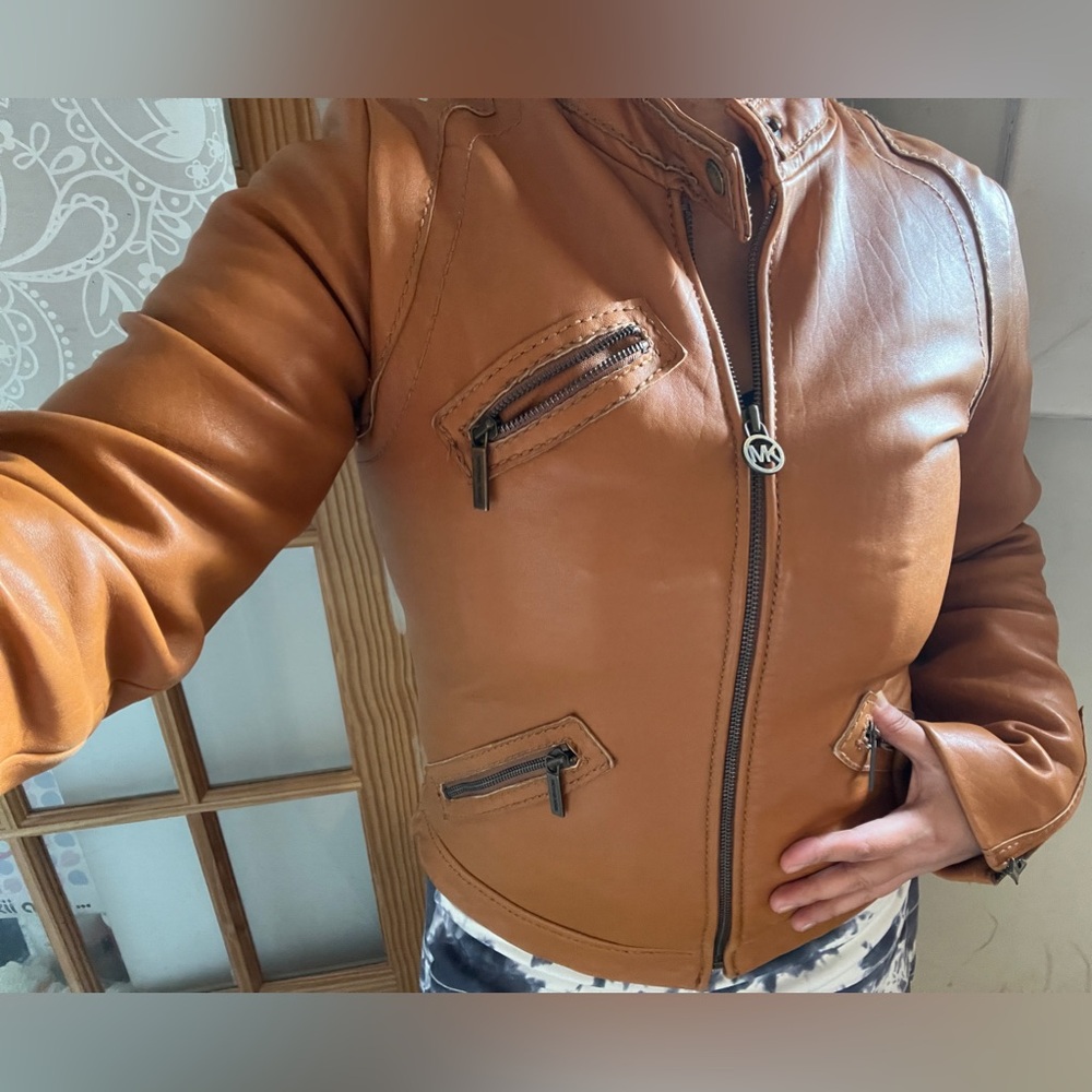 Michael KORS Leather Moto Jacket Biker Coat MK Khaki Cargo Zipper Retro City VTG - Picture 1 of 16